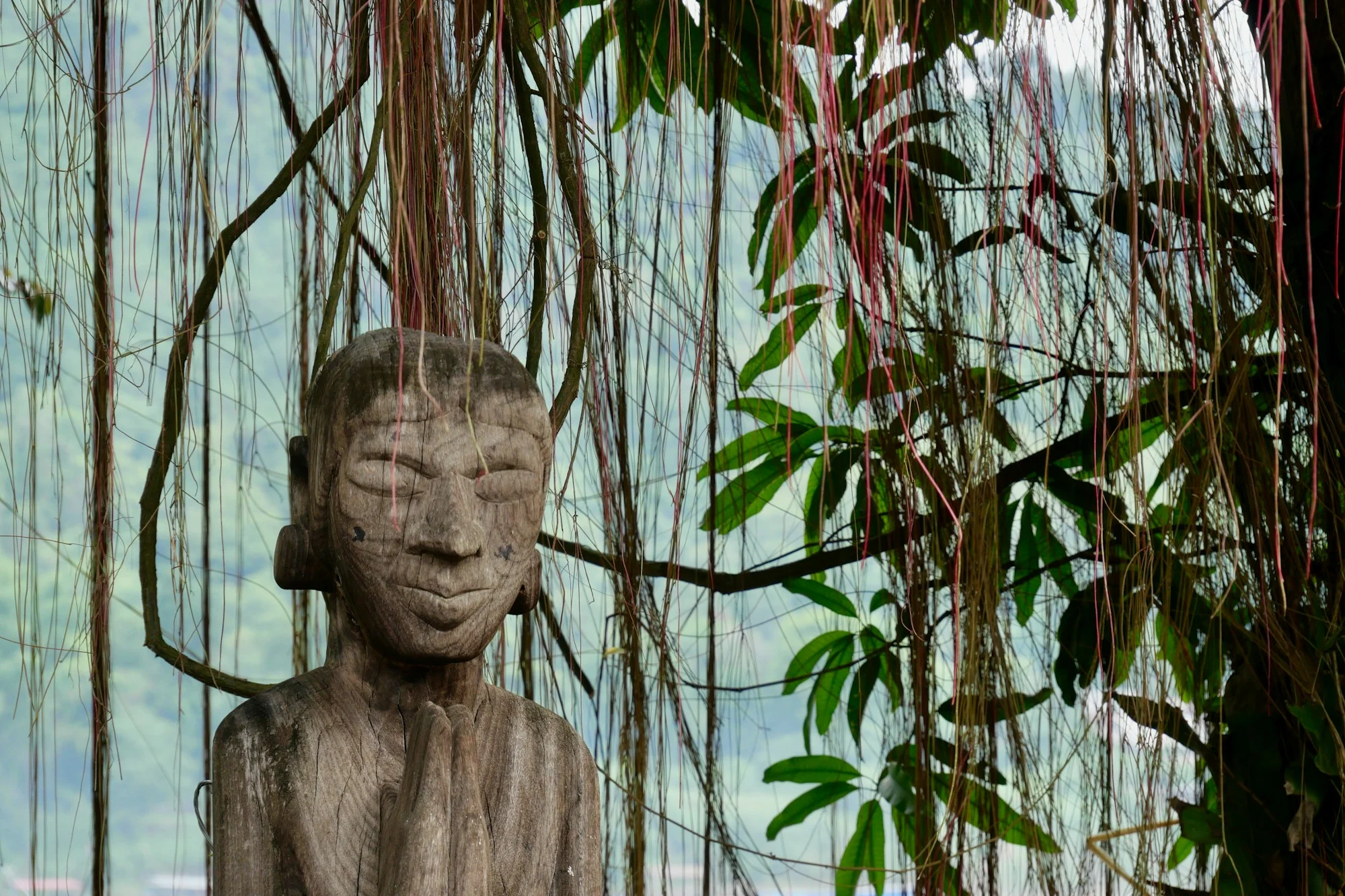 A stone statue stands among lush greenery