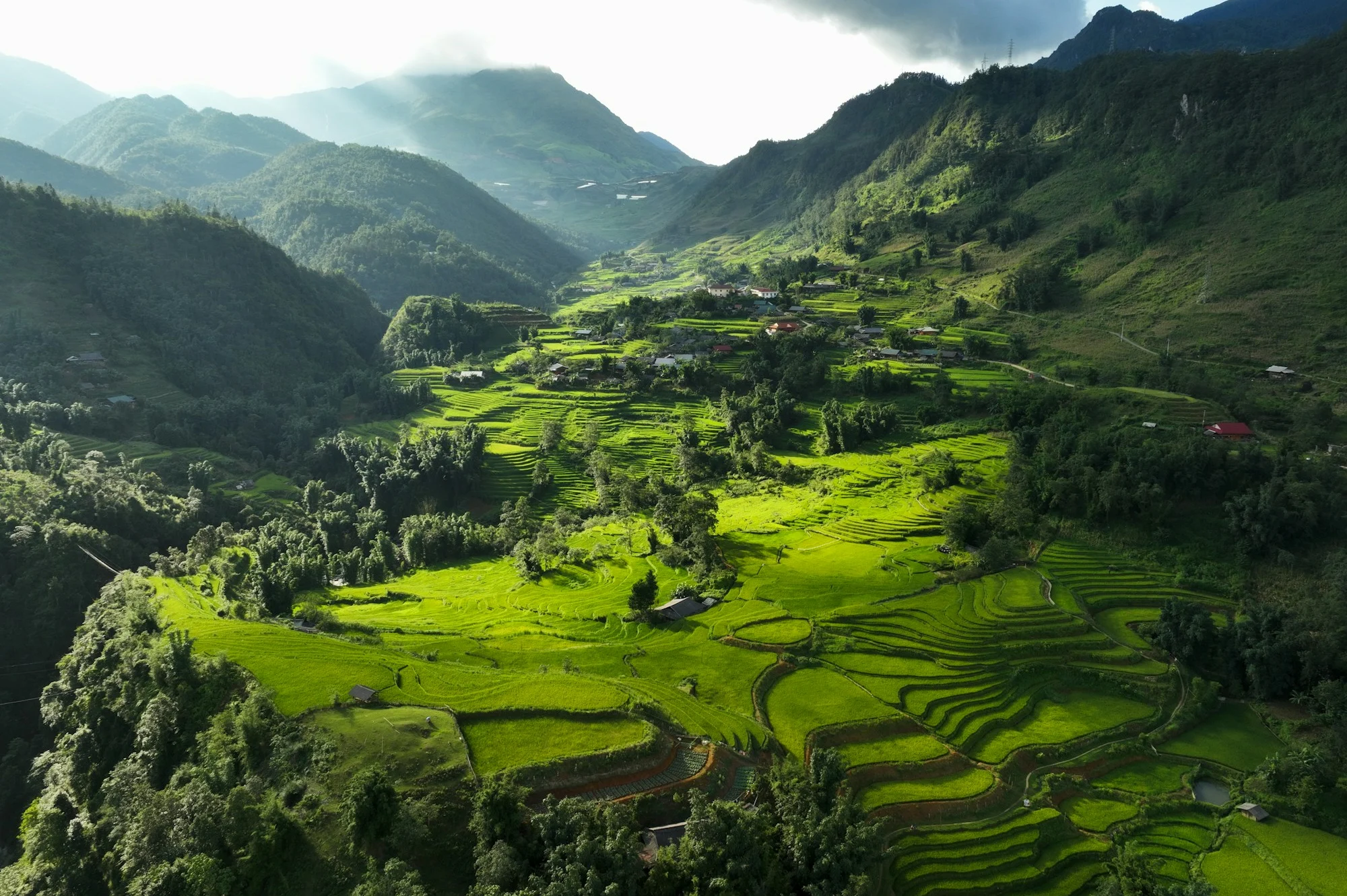 An aerial view of a lush green valley