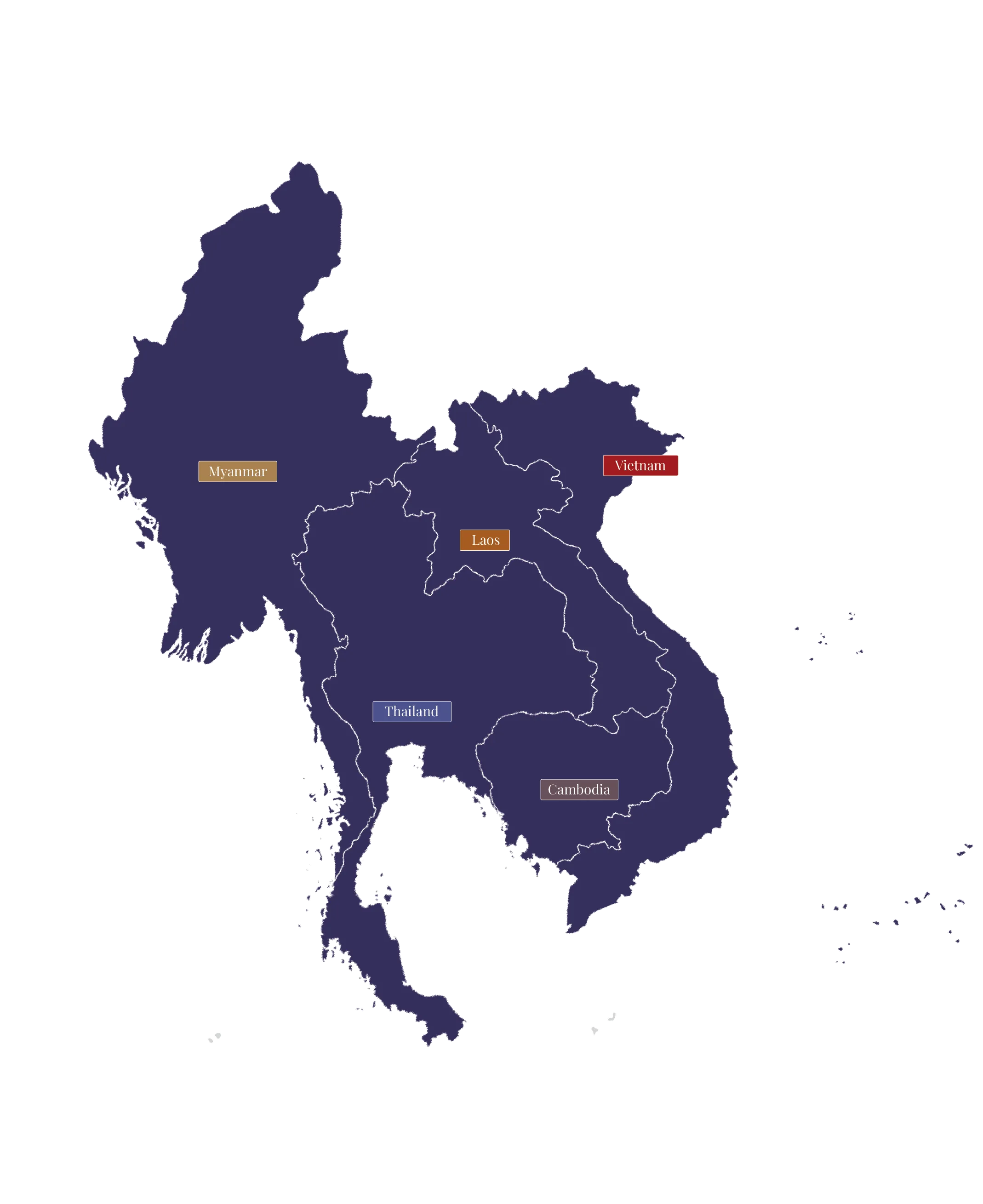 Map of Metta Voyage destinations: Vietnam, Cambodia, Laos, Thailand and Myanmar