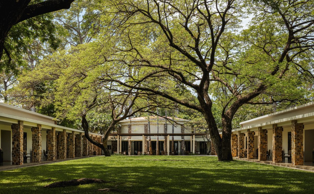 Exterior of Amansara, Siem Reap: 1960s New Khmer architecture around the pool