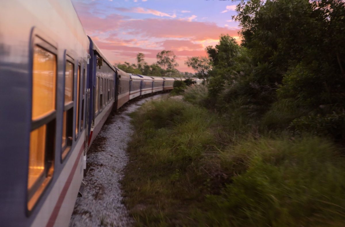The Vietage carriage on the coastal railway of Central Vietnam at sunset