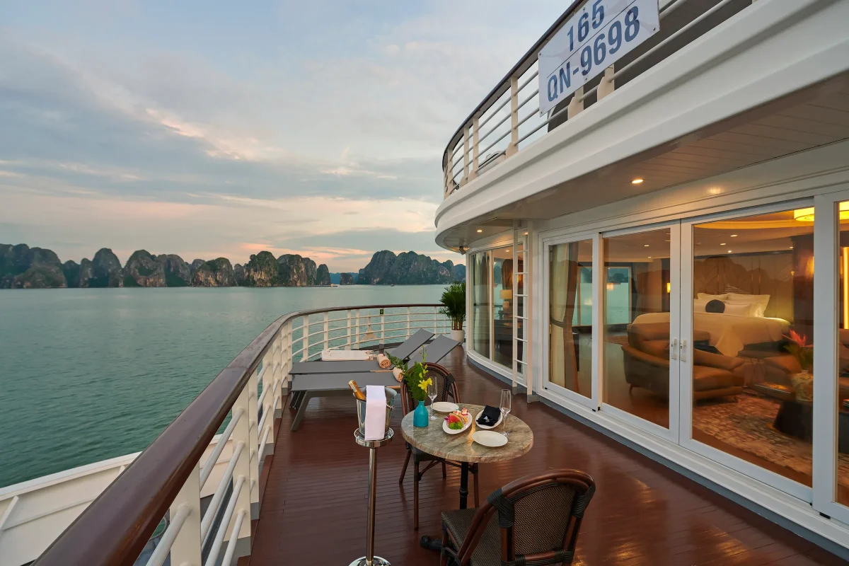 Private balcony of a suite on Paradise Legacy, looking out over Ha Long Bay